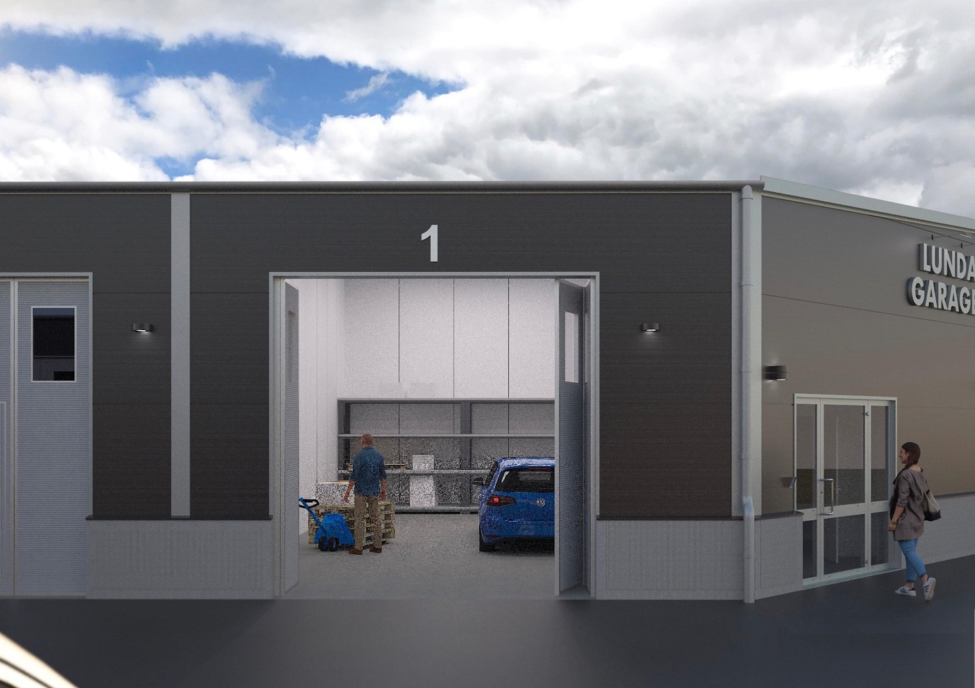 Lundagarage utifrån med öppen garageport